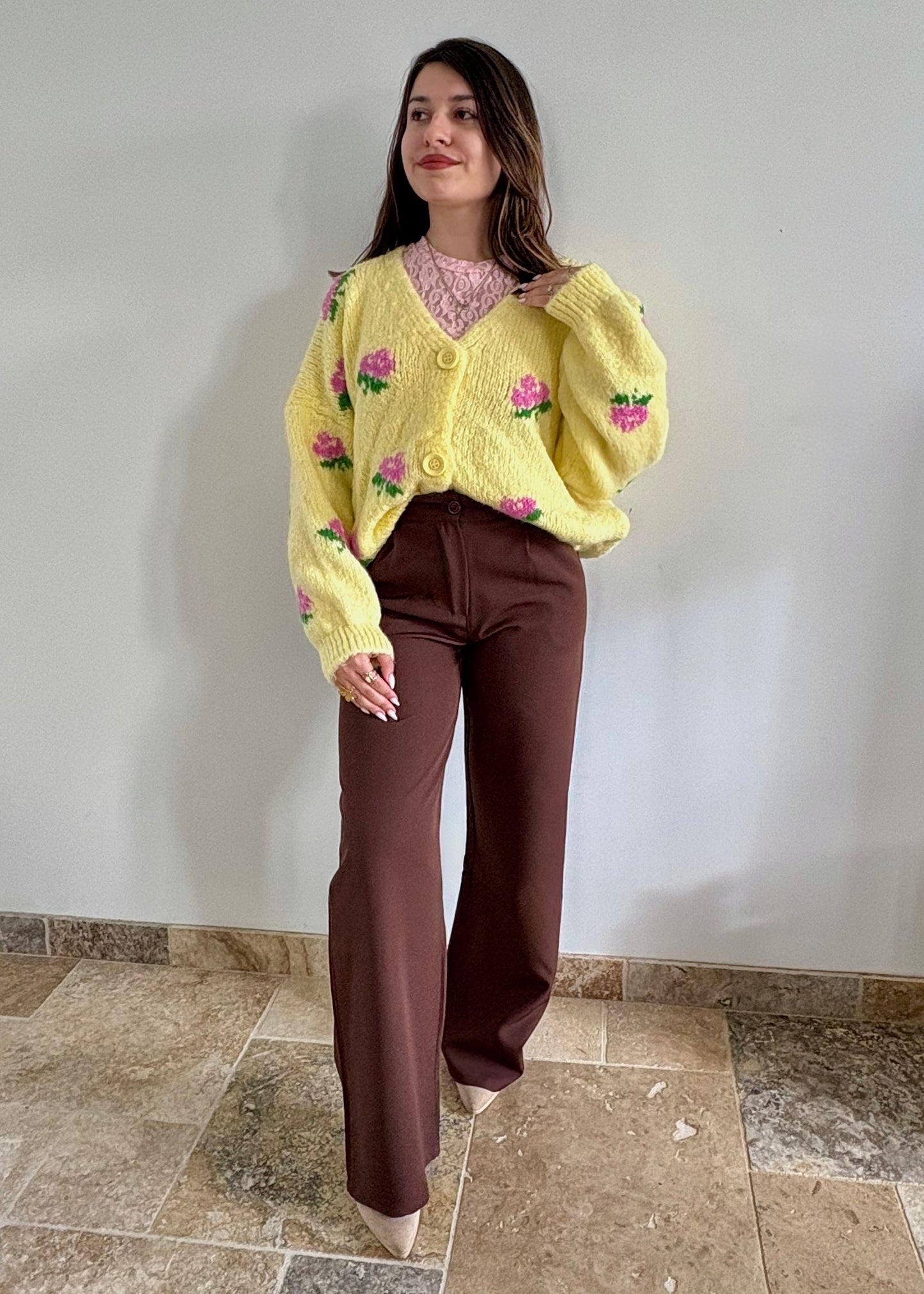 Cardigan jaune à motifs Flora