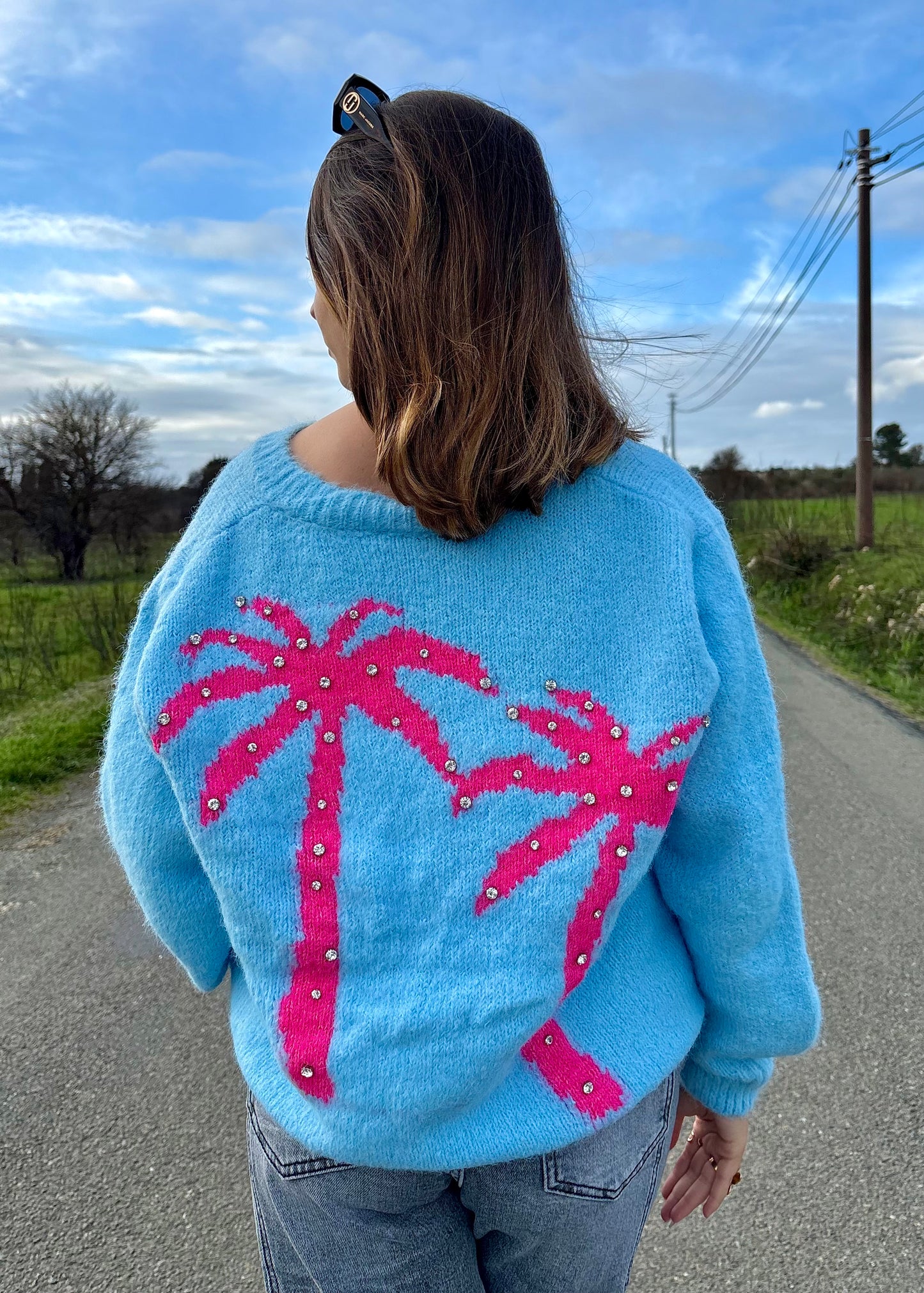 Pull bleu motifs Palmiers