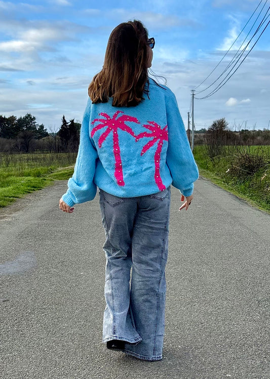 Pull bleu motifs Palmiers