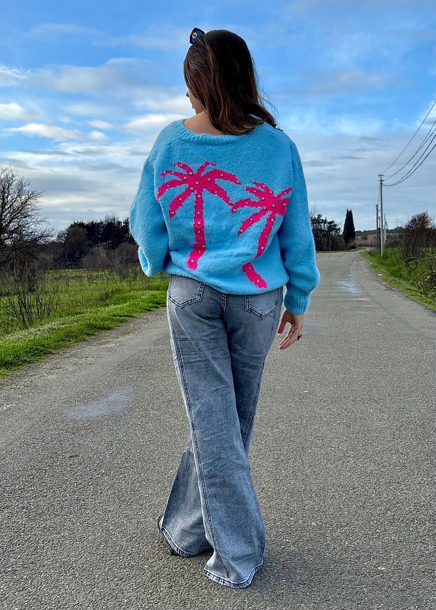 Pull bleu motifs Palmiers