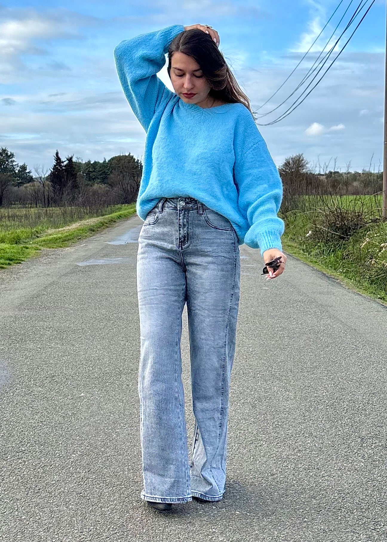 Pull bleu motifs Palmiers