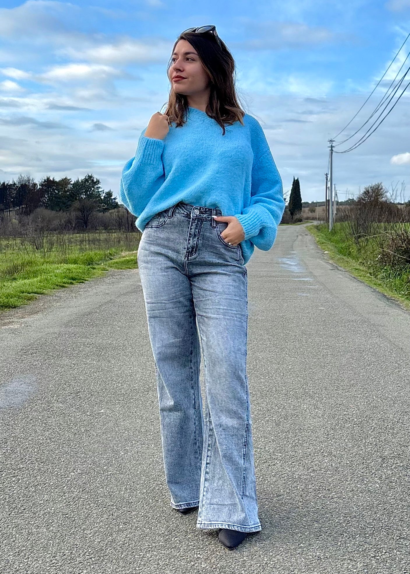 Pull bleu motifs Palmiers