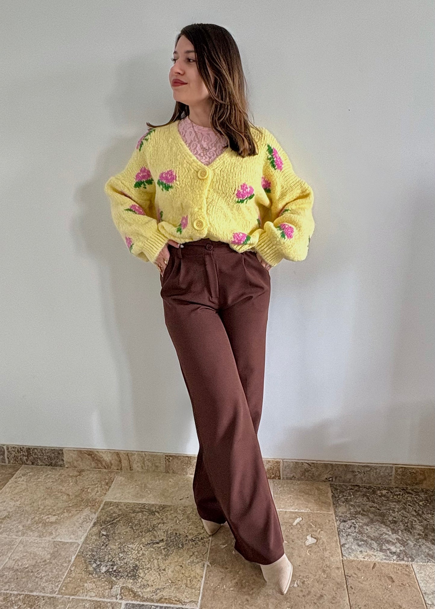 Cardigan jaune à motifs Flora