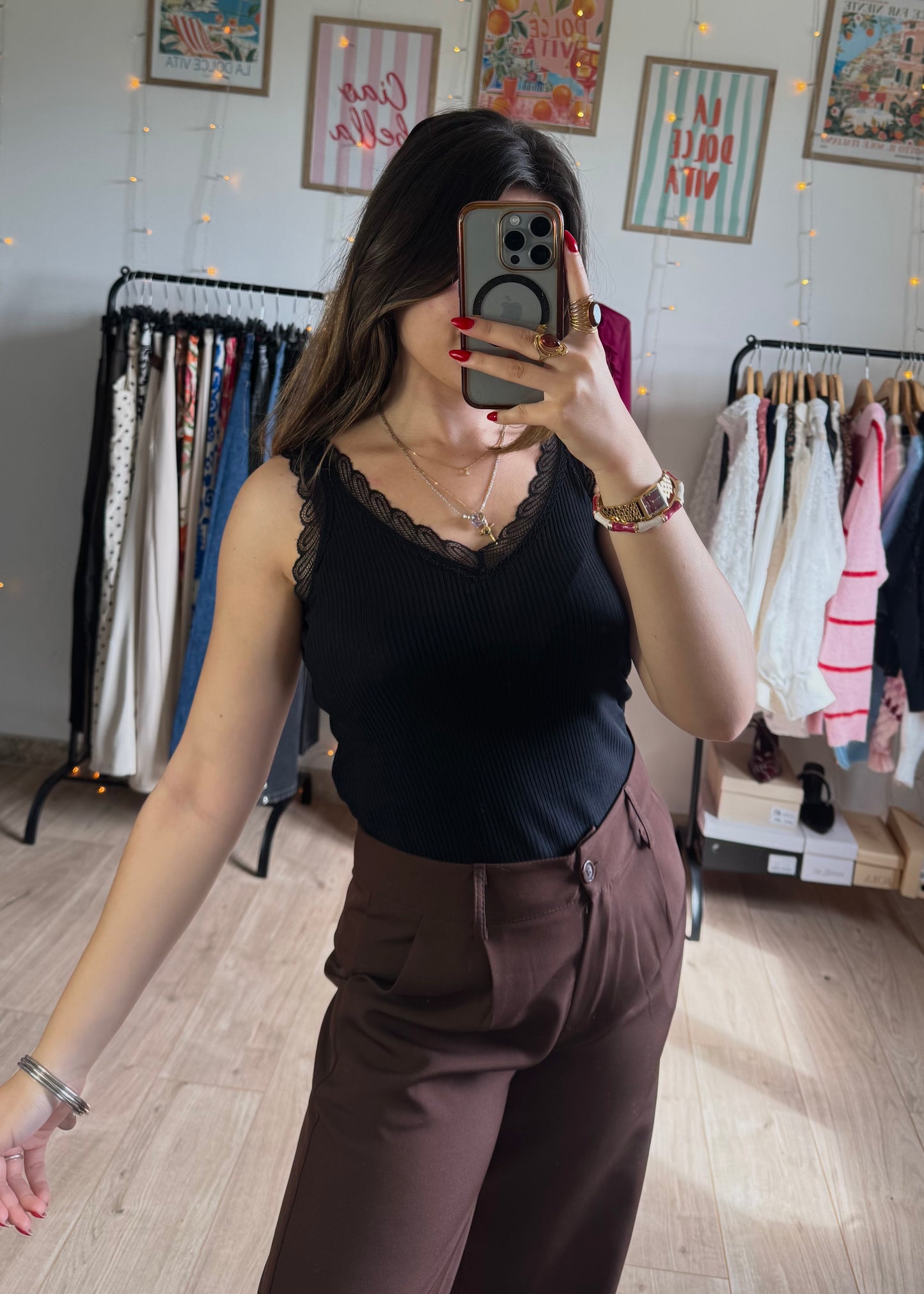 Top débardeur Noir côtelé avec Dentelle