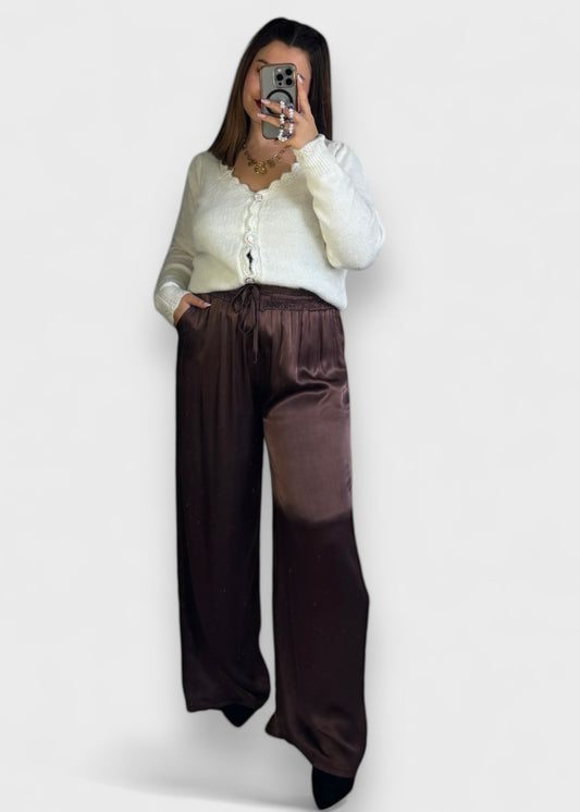 Pantalon marron en Viscose Lana - Coupe droite et fluide